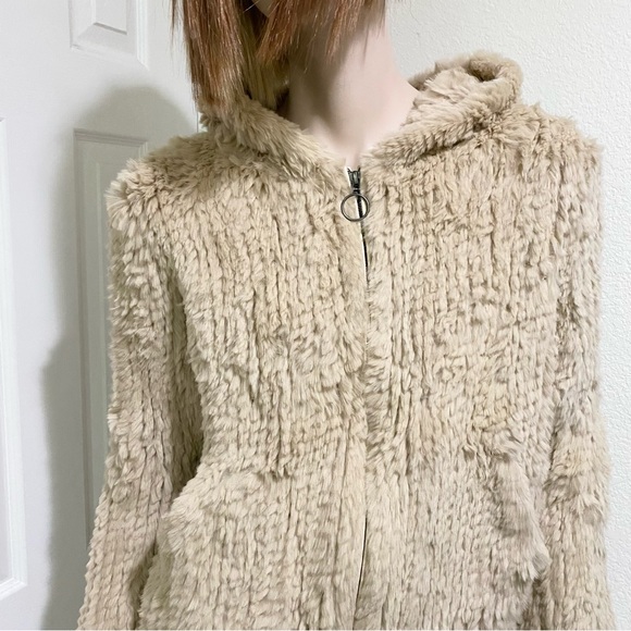 ADRIENNE LANDAU Real Rabbit Fur Beige Mid-length Full Zip Hooded Coat Size S - Picture 4 of 16